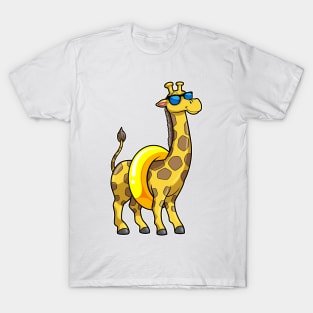 Giraffe on Beach with Swim ring & Sunglasses T-Shirt